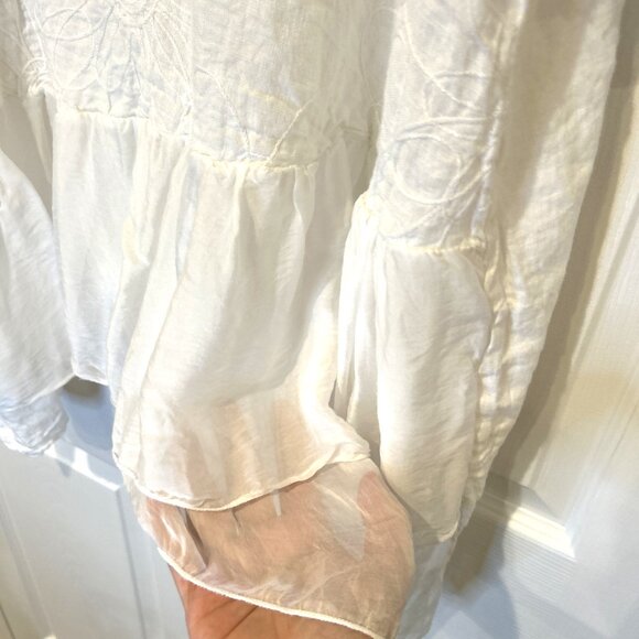 Made In Italy Womens Top O/S White Linen Silk Ruffle Embroidered‎ Asymmetrical - Picture 3 of 9